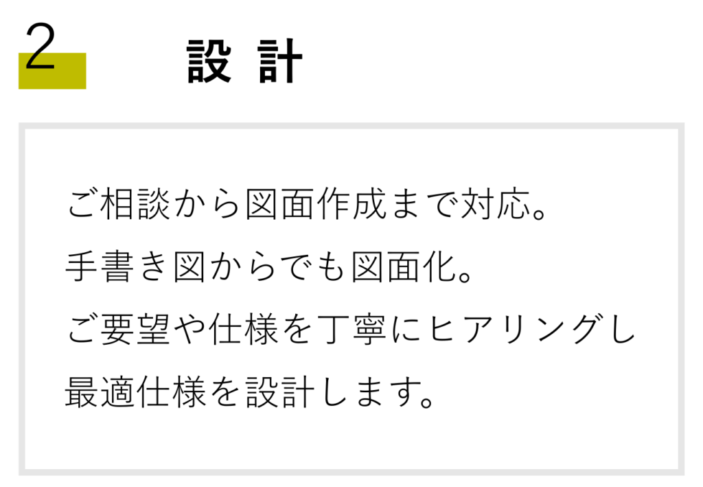 「設計」についての説明が書かれています。
ご相談から図面製作まで対応。手書き図からでも図面化。
ご要望や使用を丁寧にヒアリングし最適使用を設計します。」