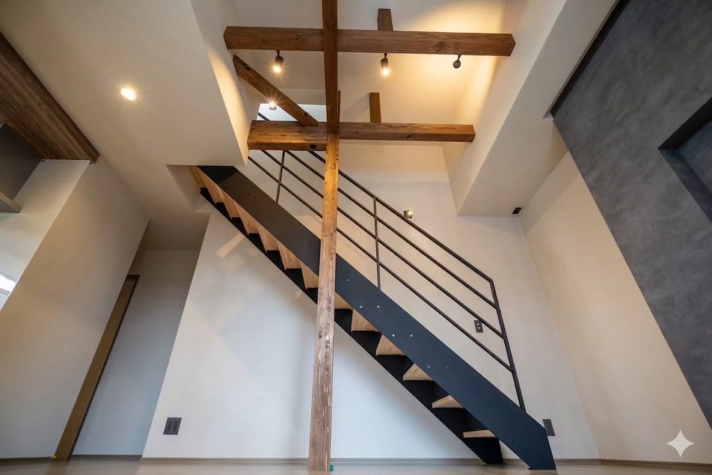 黒色のフレームと木製踏板を組み合わせたM邸の階段の側面全景